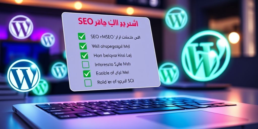 A checklist in Persian language floating above a keyboard, showing SEO optimization steps with green checkmarks, surrounded by glowing WordPress logos.
