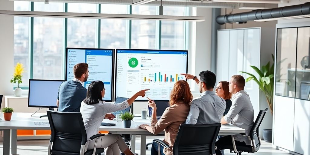 A diverse team collaborating on a modern WordPress dashboard interface, with clear role-based menus, customized widgets, and real-time activity logs visible on multiple screens in a bright office environment.