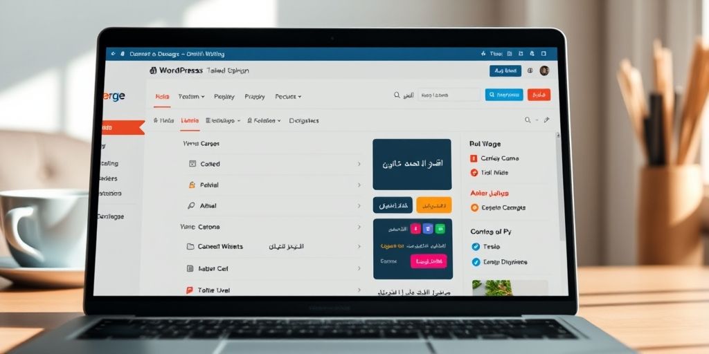 A modern WordPress dashboard with Persian text, showing clean interface design with custom widgets, color-coded menus and organized navigation tabs, displayed on a laptop screen with coffee cup in background.
