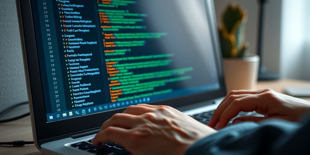 Close-up of Persian user hands typing code in WordPress theme editor, showing safe modification of functions.php file with syntax highlighting and helpful tooltips visible on screen.