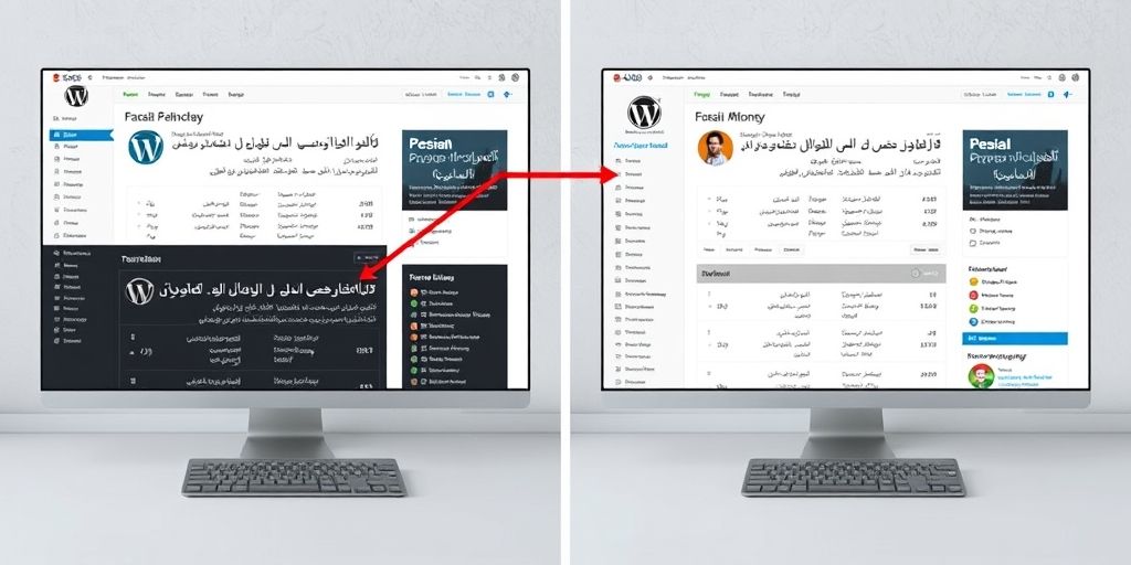 Side-by-side comparison of default WordPress dashboard vs customized Persian version, highlighting cleaned interface, Persian typography and logical menu structure with visual annotations.