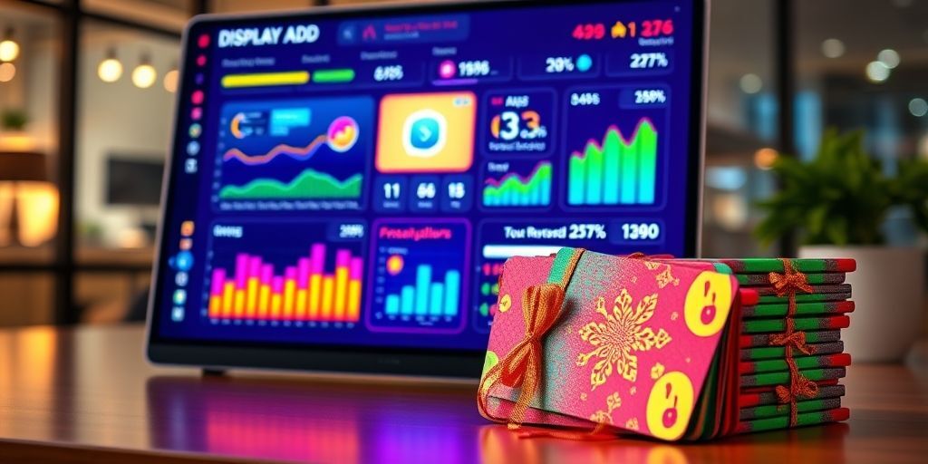 A vibrant digital marketing dashboard showing display ad performance metrics next to a stack of colorful gift cards, symbolizing the integration of incentives in advertising campaigns.