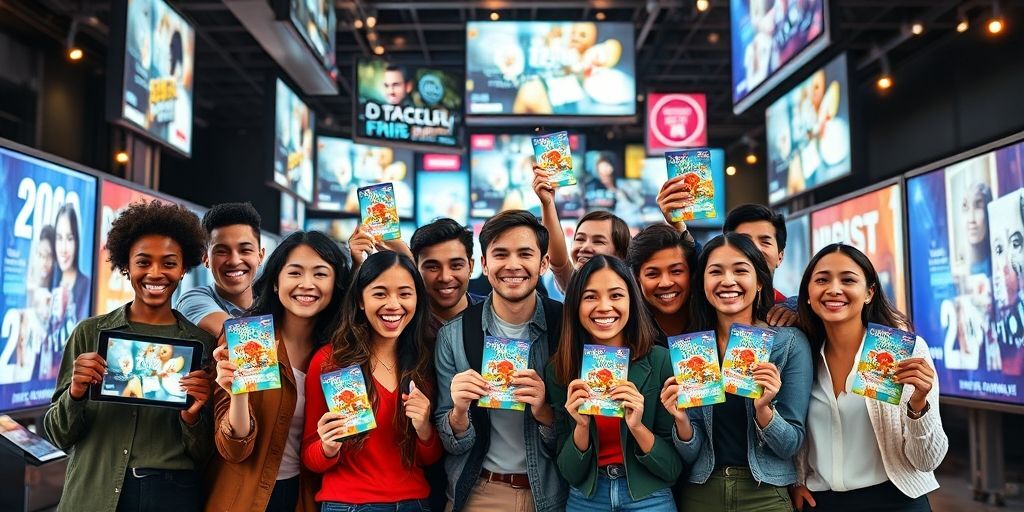 A diverse group of people smiling while holding up personalized gift cards on their mobile phones, with a background of targeted display ads on various devices, illustrating personalized marketing success.