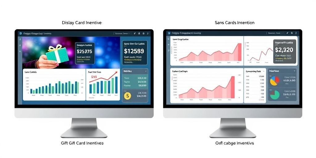 A split-screen comparison showing two versions of a display ad campaign dashboard: one with gift card incentives highlighting higher conversion rates, and one without, demonstrating the measurable impact of the strategy.