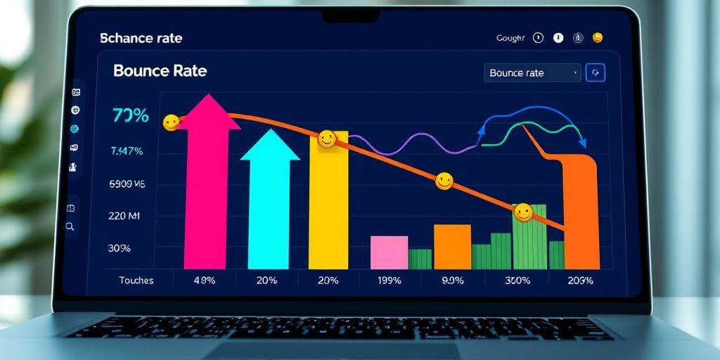 A colorful chart showing bounce rate metrics decreasing over time, with arrows pointing downwards and happy faces next to lower percentages, on a modern dashboard with a laptop in the background.