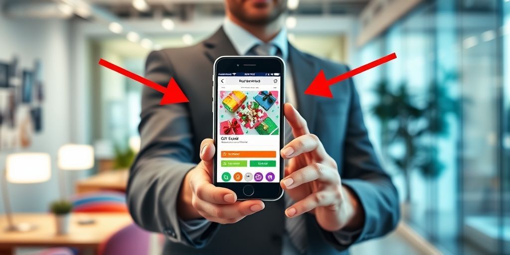 A person holding a smartphone showing a colorful gift card popup on a website, with arrows pointing to engagement elements like buttons and forms, in a bright office environment.