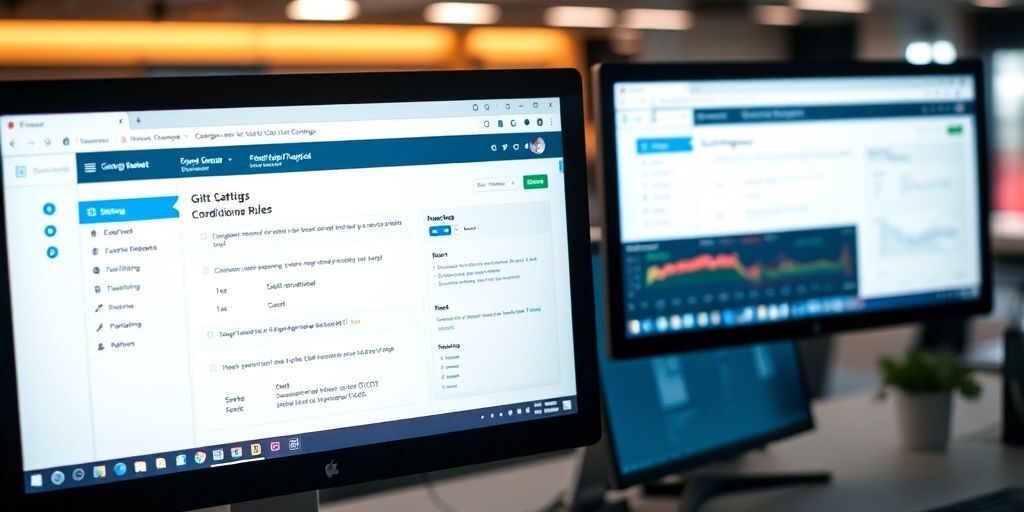 A close-up of a WordPress dashboard showing a gift card plugin configuration, with settings for discounts, conditions, and user engagement metrics, on a dual monitor setup.