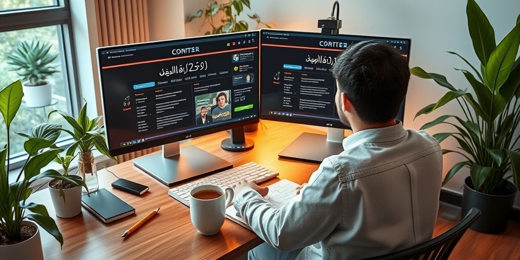 A modern content creator sitting at a desk with dual monitors showing Persian text generation tools, surrounded by plants and a notebook, with a warm cup of coffee nearby, symbolizing efficiency and creativity in content creation.