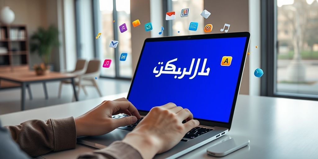 Hands typing on a laptop keyboard with AI-generated Persian text visible on screen, surrounded by floating icons representing different content types, in a modern workspace setting with natural light.