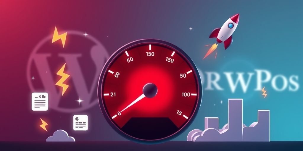 A speedometer showing fast loading times with a WordPress logo in the background, surrounded by optimization icons like lightning bolts, minified files, and a rocket, conveying high performance.