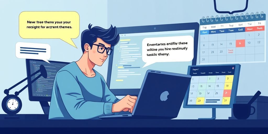 A developer actively providing support for a WordPress theme, shown with chat bubbles, update notifications, and a calendar with recent dates marked, symbolizing ongoing maintenance.