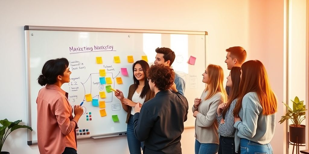 A diverse team of young entrepreneurs gathered around a whiteboard in a modern office, passionately discussing and mapping out a marketing strategy with colorful markers, sticky notes, and diagrams.