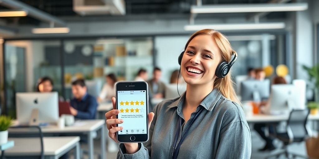 A happy customer holding a smartphone showing a five-star review of a startup product, smiling warmly. In the background, customer support agents are assisting other clients in a friendly, modern office setting.