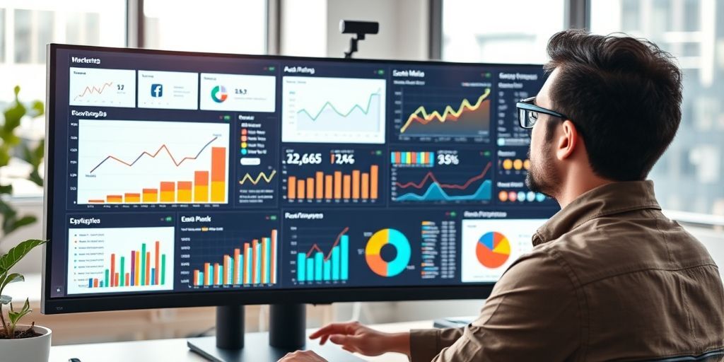 A marketer analyzing multiple marketing channel dashboards on a large monitor, showing social media, email, and SEO metrics. The screen displays graphs and charts with upward trends, indicating successful channel performance.