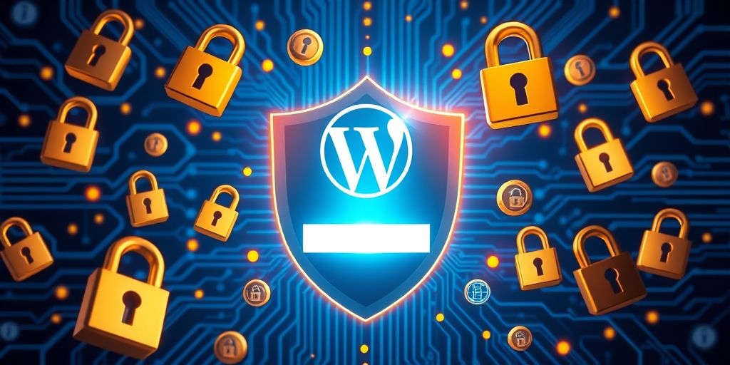 A 3D illustration showing a secure WordPress login screen with a glowing shield protecting a password field, surrounded by digital locks and security symbols in blue and gold tones.