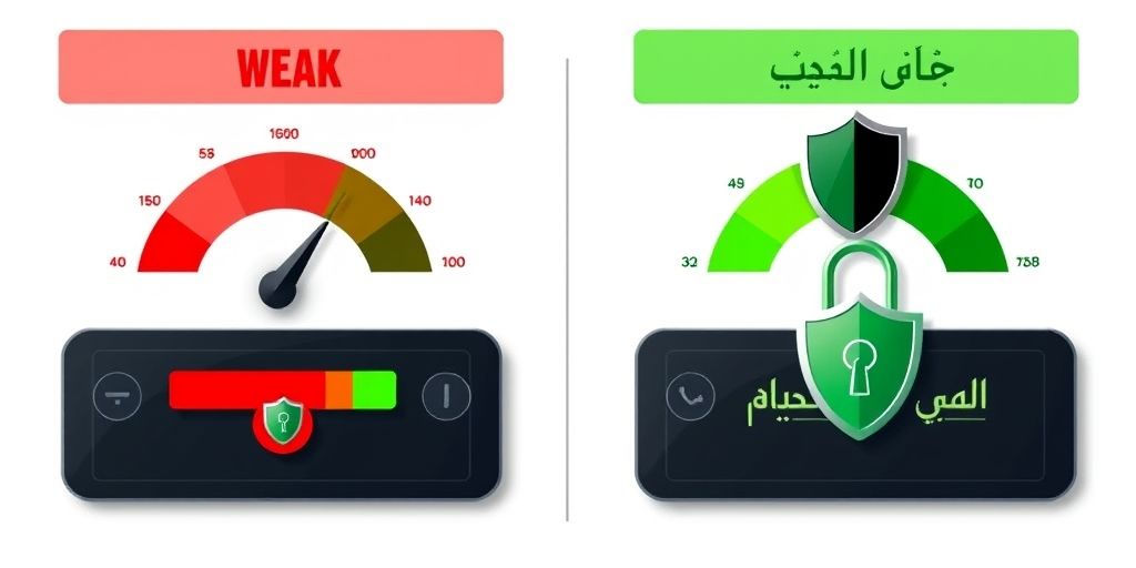 An infographic-style image showing password strength comparison: weak password (red) vs strong password (green) with visual meters and hacker shields, using Persian typography.