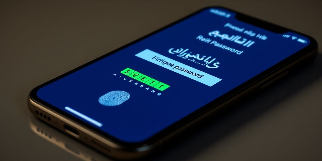 A smartphone screen showing a Persian-language password manager app generating a complex password with green security indicators and fingerprint authentication.
