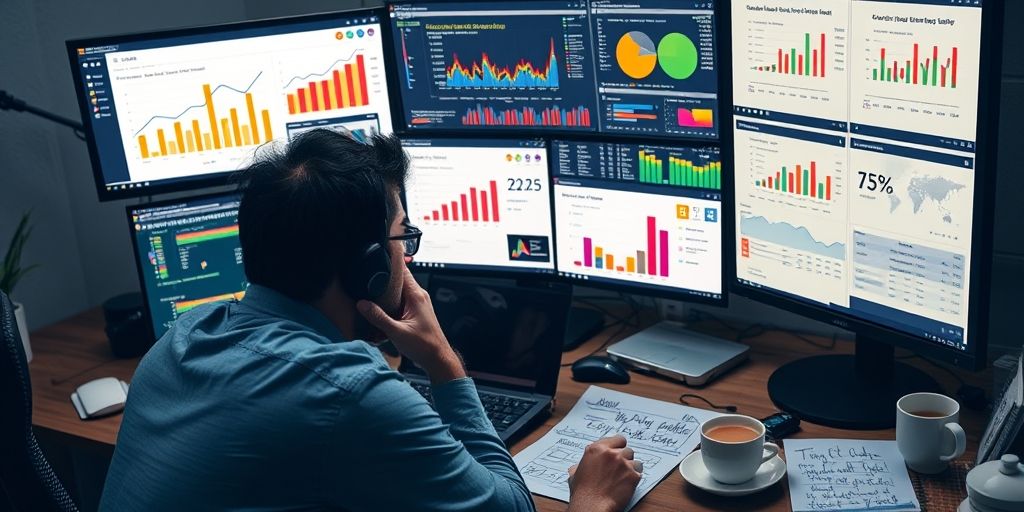A busy marketing workspace: a marketer poring over multiple monitors displaying colorful analytics dashboards, funnel charts, and conversion metrics, with handwritten notes and a cup of tea nearby. The scene captures moving from confusion to strategic clarity in a digital campaign.