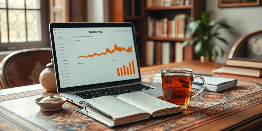 A high-resolution, vivid scene of a Persian digital marketing desk with a laptop showing keyword research, analytics charts, a notebook, and a cup of tea, warm natural lighting, authentic office vibe.