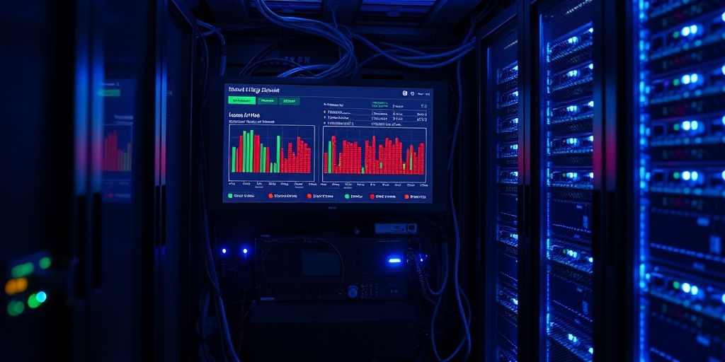 A high-resolution image of a server room with glowing LEDs, showing a dashboard monitoring rate-limiting rules and firewall rules in action, clean cables, cool blue lighting, and a sense of calm cybersecurity efficiency.