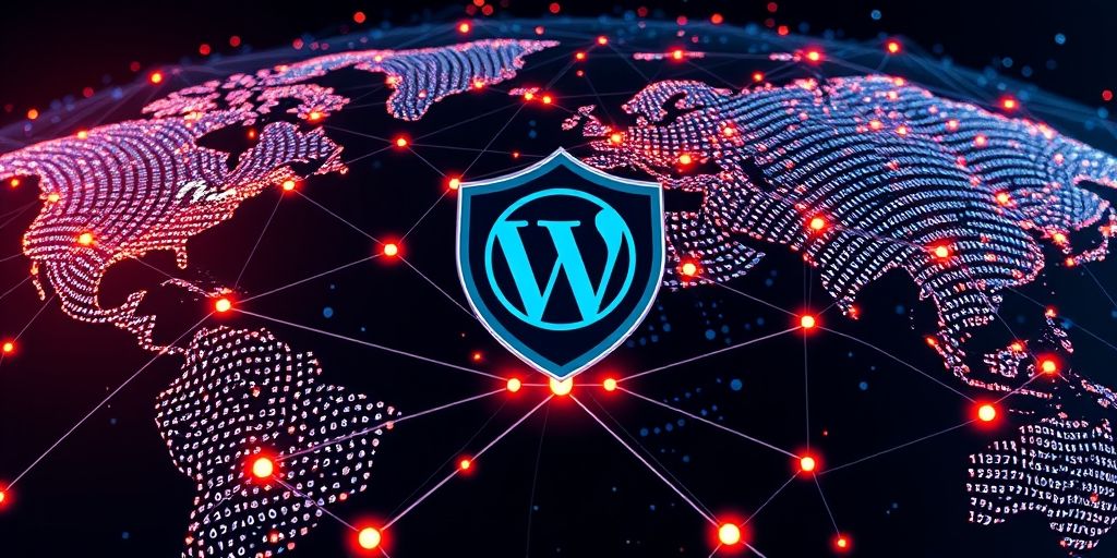 A wide-angle shot of a global CDN network visualized as interconnected data nodes protecting a WordPress website, with waves of traffic being filtered at the edge and a secure shield over the site.