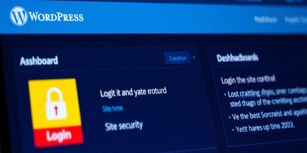 A close-up of a secure WordPress dashboard screen, highlighting login security indicators, strong typography, and a calm blue theme, conveying trust and control for site admins.