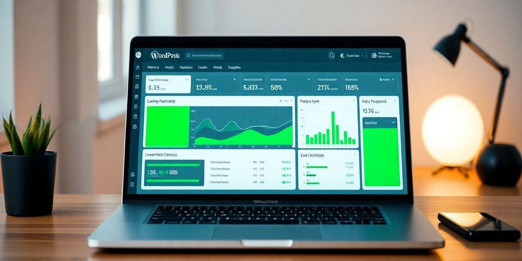 A sleek WordPress dashboard on a laptop with fast loading, clean typography, live performance charts in green, and a calm, modern office setting that conveys speed and clarity.
