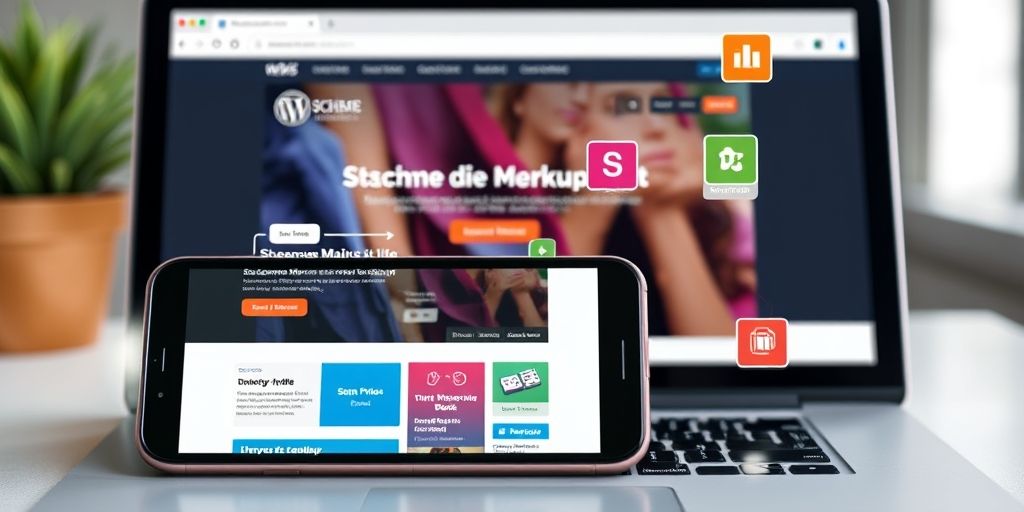 A realistic composition showing a WordPress site on both a smartphone and desktop, highlighting schema markup, mobile-first design, and vibrant icons illustrating SEO readiness.