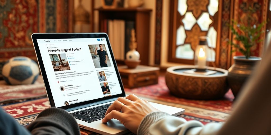 A content creator sharing a WordPress blog post on a laptop, displaying high engagement metrics, likes, comments, and trust signals, set against a cozy Persian study setting.