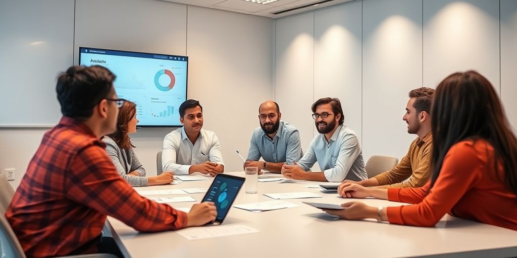 A mid-project meeting scene with diverse team members discussing AI-driven SEO governance in a bright conference room, data dashboards visible on screens, conveying collaboration and trust.