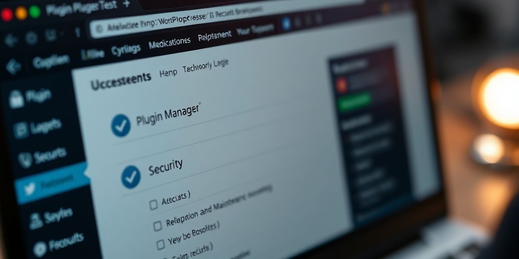 A close-up of a developer updating a WordPress site, showing plugin manager, security badges, and a checklist, with a subtle glow indicating ongoing maintenance and reliability.