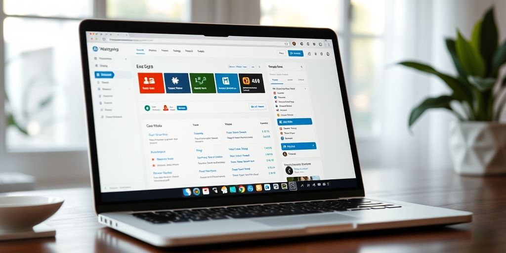 A clean, modern WordPress dashboard on a laptop screen, with colorful plugin icons and a calm, inviting workspace, emphasizing harmony between core system and add-ons.