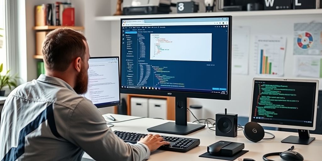 A developer testing a WordPress site on a staging server, showing plugin conflict diagnostics on a monitor, with charts and code snippets in a bright, organized office setting.