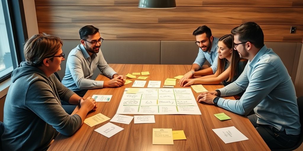 A friendly team discussing a WordPress site architecture around a table, with sticky notes about plugins, performance, and security, under warm lighting, conveying collaboration and trust.