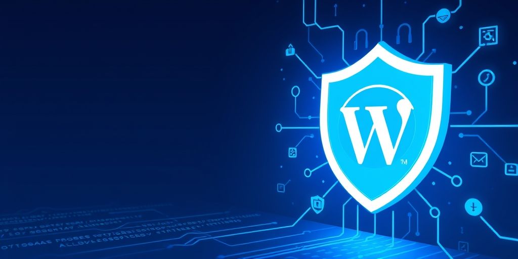 A high-resolution conceptual illustration of AI-assisted website security for WordPress, showing a shield symbol, code patterns, and threat icons, in cool blue tones, modern studio lighting, conveying trust and proactive defense.