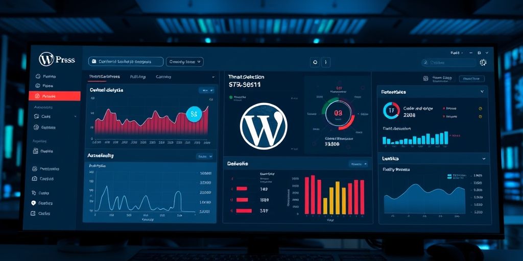 A visual of a WordPress site dashboard with AI analytics, threat detection alerts, and layered security controls; crystal-clear UI, vibrant contrasting colors, realistic monitor scene, emphasizing practical, hands-on security management.