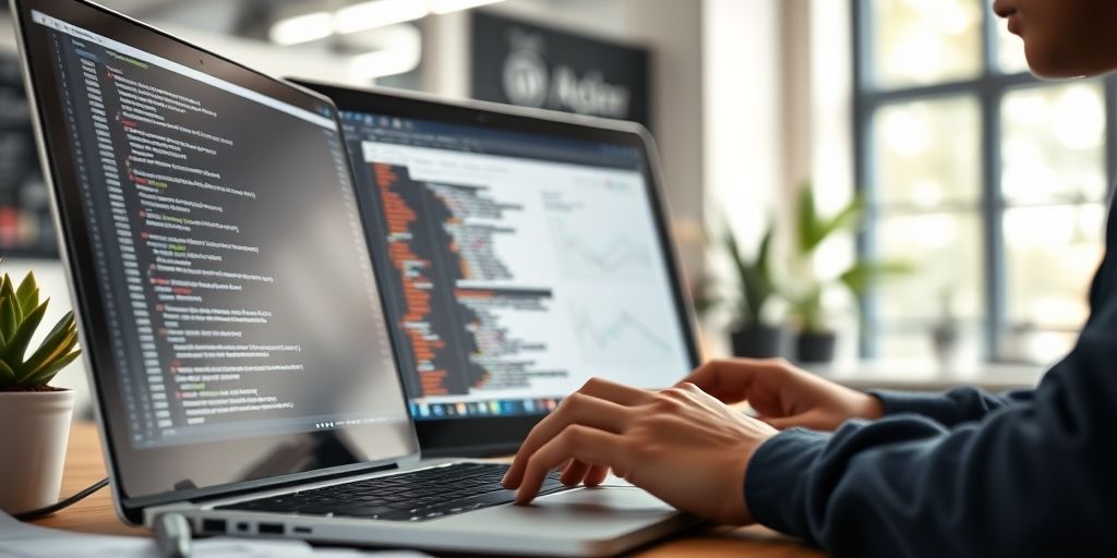 A close-up shot of a designer working on a WordPress site with AI-powered tools, illustrating a blend of code, UI sketches, and futuristic graphs in a bright, modern workspace.