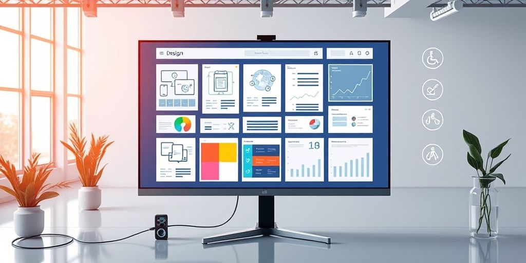 An AI-assisted web design scene with wireframes, color palettes, accessibility icons, and real-time analytics on a large monitor, in a modern studio, illustrating speed, accuracy, and inclusive UX.