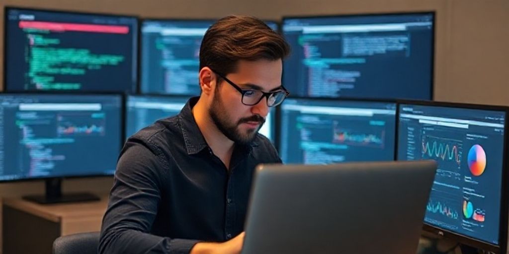 A professional designer reviews AI-generated content on multiple screens, highlighting collaboration between human creativity and machine learning in a WordPress development environment.