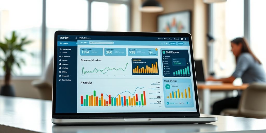 A highly detailed, vibrant image of a Persian WordPress dashboard on a laptop screen, showing AI-driven SEO analytics, colorful charts, and a focused team in a modern office with soft daylight.