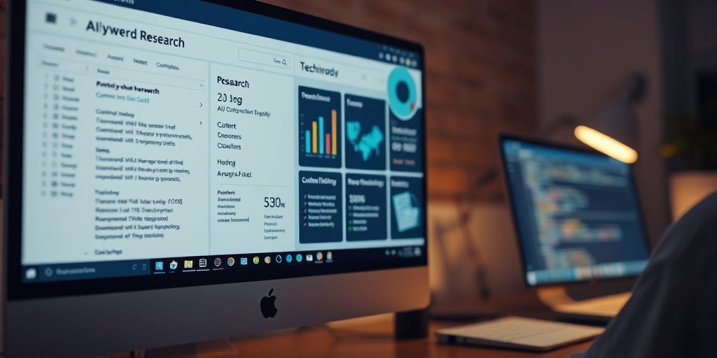 A close-up, cinematic shot of an AI-assisted SEO workflow on a computer monitor, illustrating keyword research, content planning, and technical audits with clean typography, warm lighting, and a productive workspace.