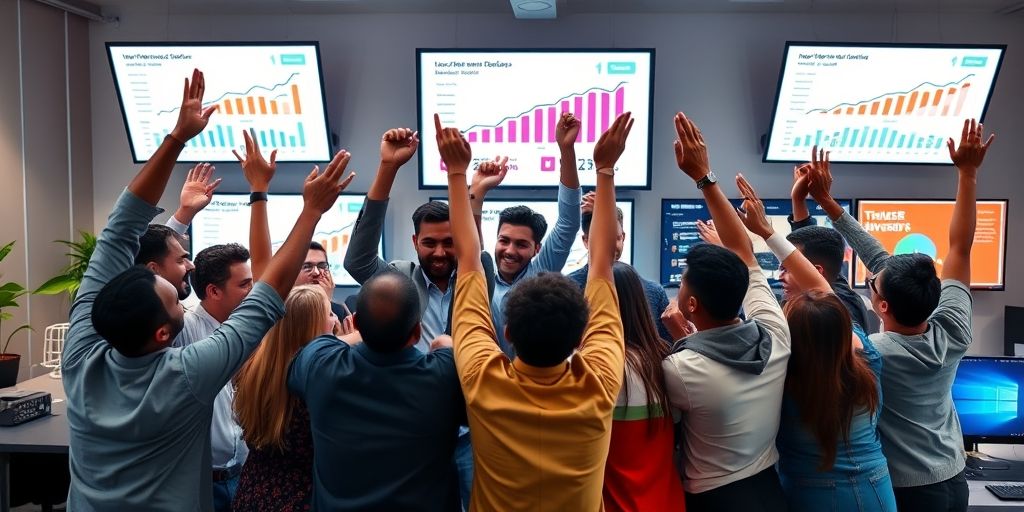 A motivating, high-energy image of a diverse team celebrating a successful WordPress launch, with screens showing rising analytics, social shares, and colorful content, evoking trust and collaboration in a modern digital workplace.