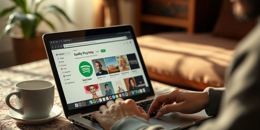 A close-up shot of a Persian user browsing Spotify on a laptop, coffee cup nearby, warm daylight, subtle Persian decor, conveying uncertainty about gift cards in Iran.