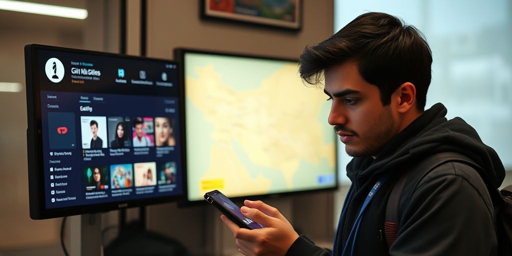 An Iranian student exploring mobile payment options and gift cards, with a screen displaying playlists, a map of Iran in the background, and a thoughtful, determined expression.