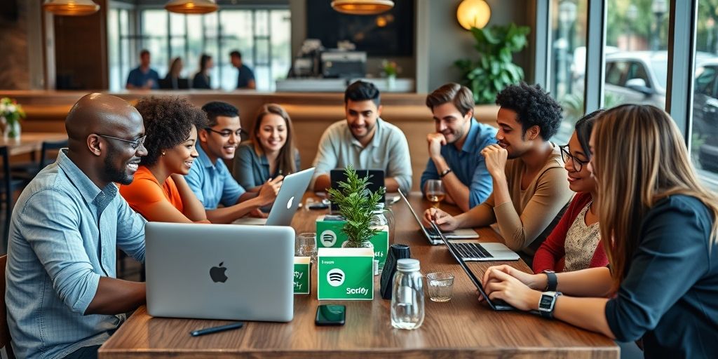 A vibrant community discussion on social media about Spotify gift cards, laptops and smartphones on a cafe table, diverse users sharing tips, tips and experiences, symbolizing trust and value.