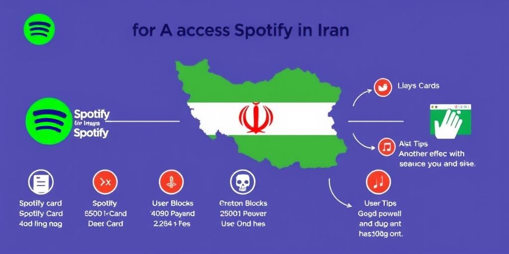 A infographic-style illustration showing steps to access Spotify in Iran, with icons for cards, payments, regional blocks, and user tips.