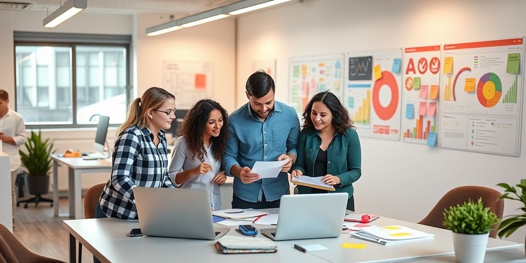 A busy, modern marketing team planning a gift card campaign in a bright office, with colorful charts, laptops, sticky notes, and warm lighting, emphasizing collaboration, strategy, and data-driven decision making.