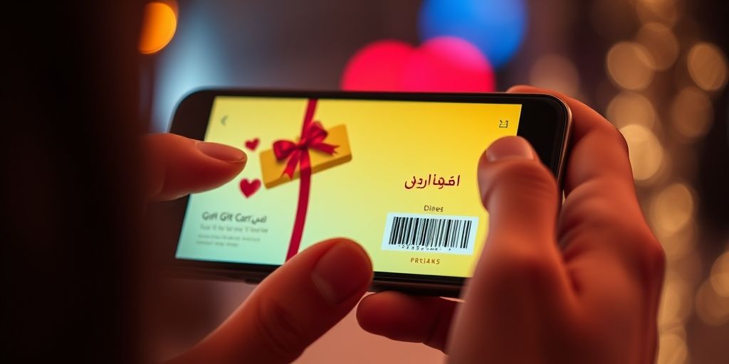 A close-up shot of a consumer receiving a digital gift card on a smartphone, with vibrant UI, subtle Persian branding, and a celebratory mood, showing instant redemption and satisfaction.