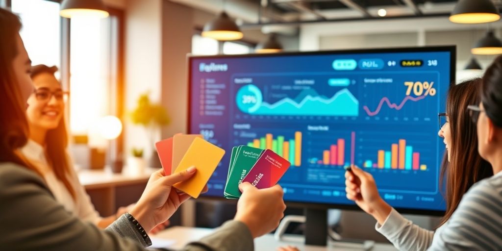 A team reviews a digital marketing dashboard, hands holding colorful gift cards, vibrant graphs show rising ROI, modern office, warm lighting, diverse professionals collaborating.