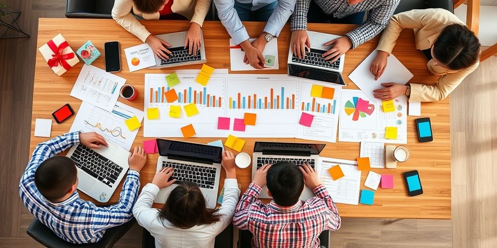 An overhead shot of a campaign planning session with gift cards, laptops, charts, and sticky notes, vibrant colors, active team analyzing customer data.